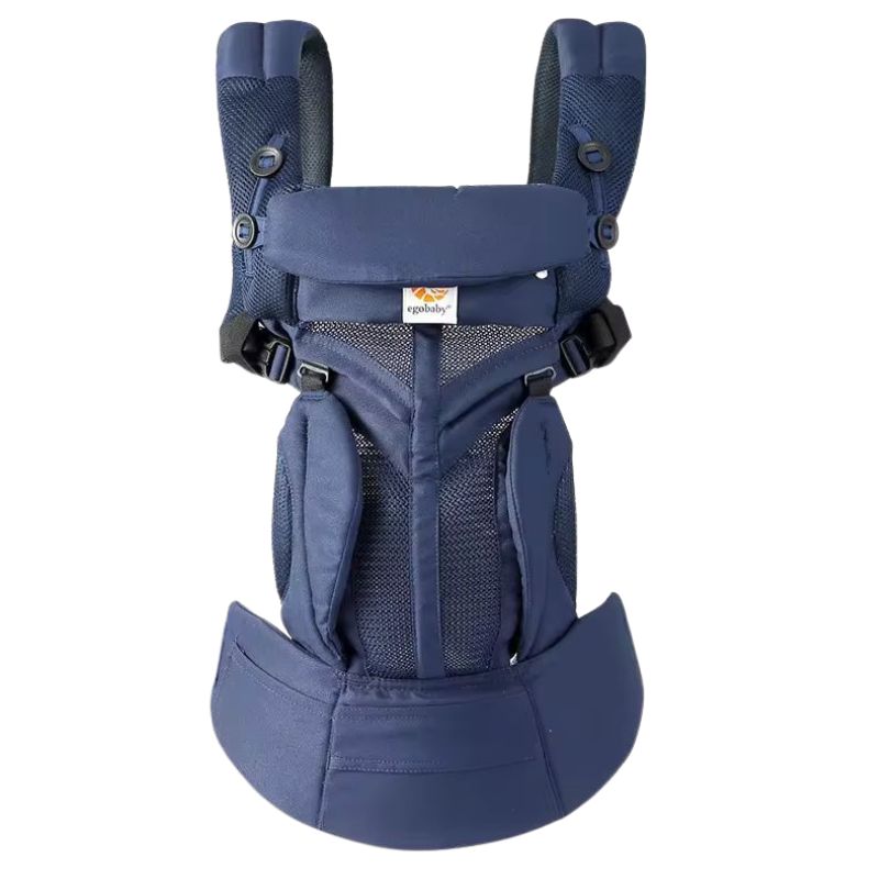 Blue Ergonomic Baby Carrier with Hip Seat front view on a white background