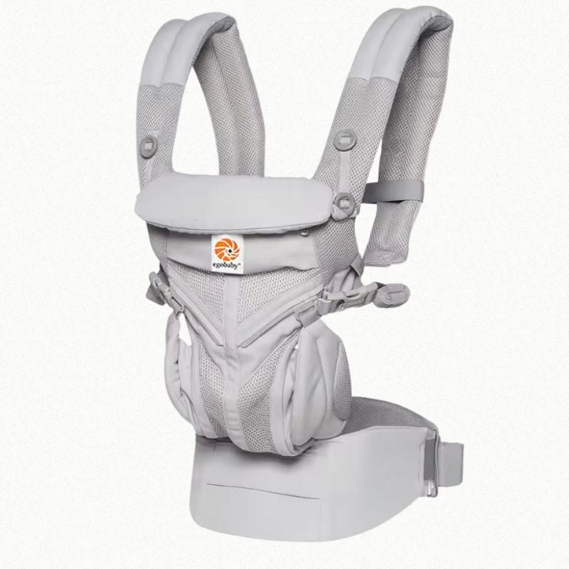 Gray baby carrier with Ergobaby on a white background