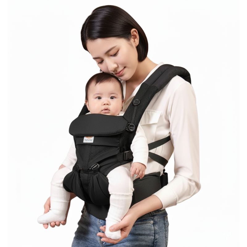 Parent wearing black Ergonomic Baby Carrier with Hip Seat