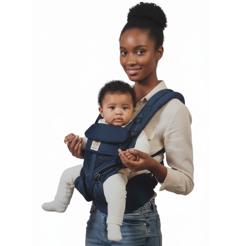 Parent wearing Blue Ergonomic Baby Carrier with Hip Seat