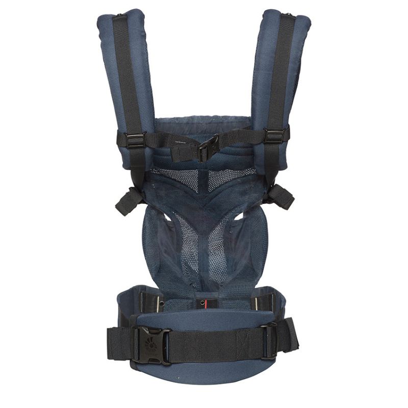 Blue Ergonomic Baby Carrier with Hip Seat back view on a white background