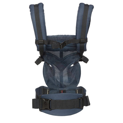 Blue Ergonomic Baby Carrier with Hip Seat back view on a white background