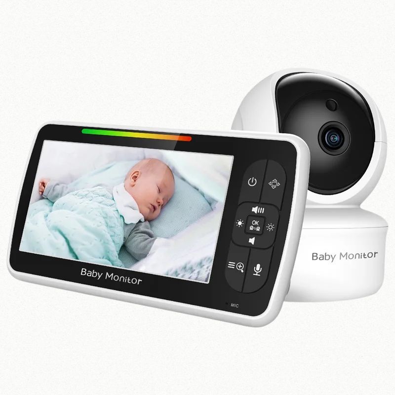 Baby monitor with screen displaying a baby and camera on a white background, showing a baby sleeping on the cot