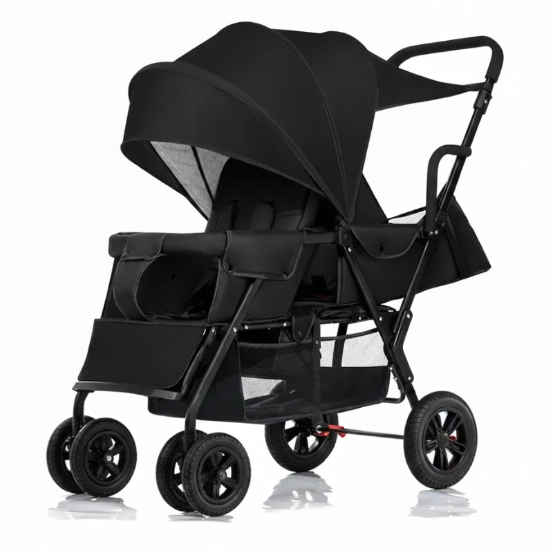 Black double stroller on a white background