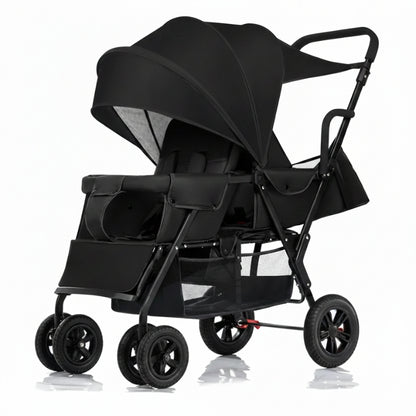 Black double stroller on a white background