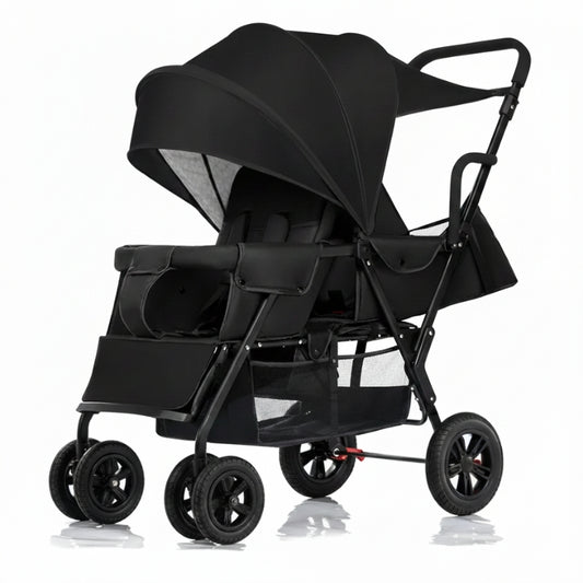 Black double stroller on a white background
