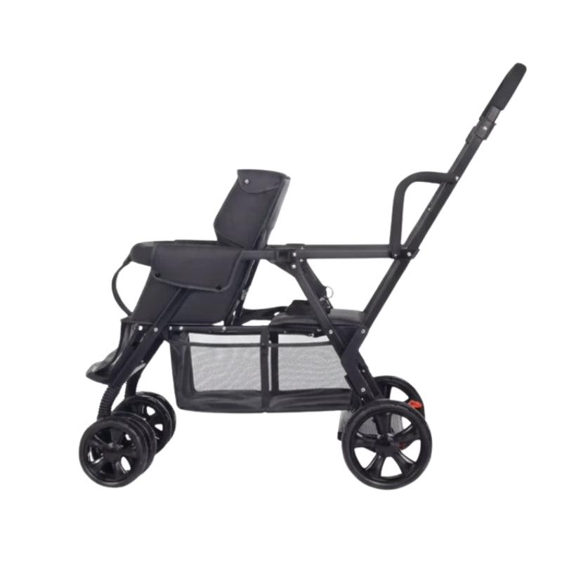 Double seat stroller side  without cover with a basket on a white background
