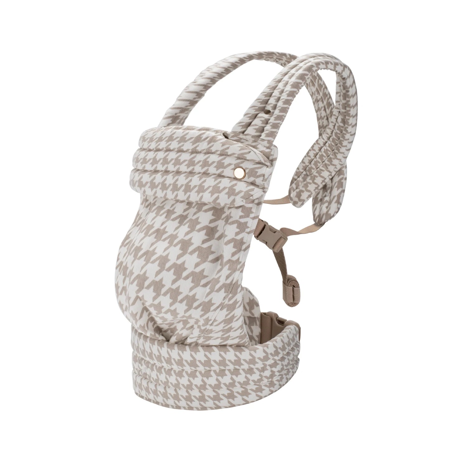 Baby carrier with khaki houndstooth pattern on a white background
