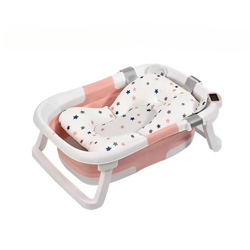 Pink Silicone Baby Bathtub With Temperature Display and Bath Pad