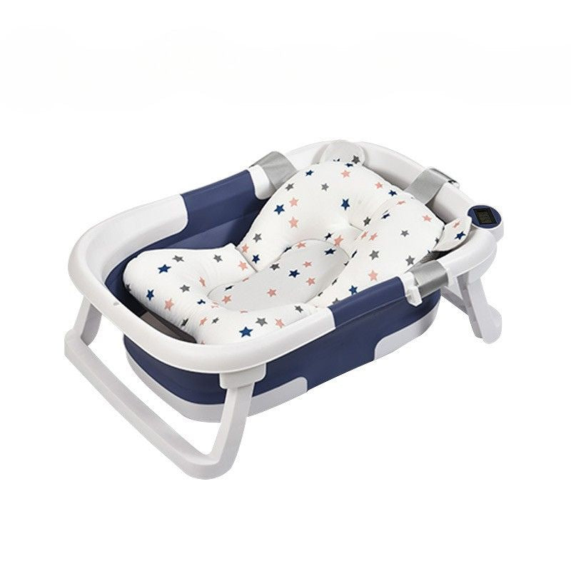 Blue Silicone Baby Bathtub With Temperature Display and Bath Pad