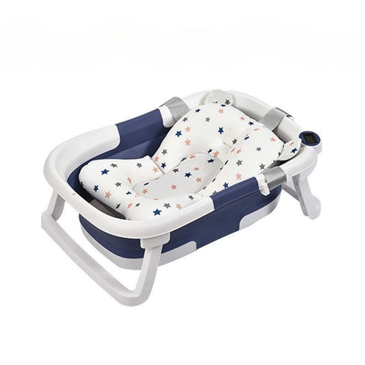 Blue Silicone Baby Bathtub With Temperature Display and Bath Pad