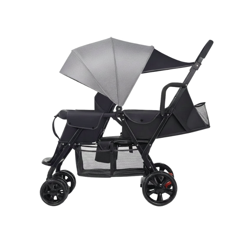 Double seat  stroller side on a white background