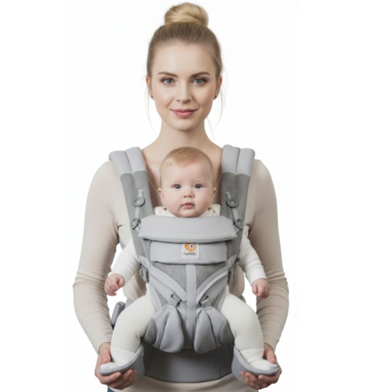 Parent wearing Gray Ergonomic Baby Carrier with Hip Seat